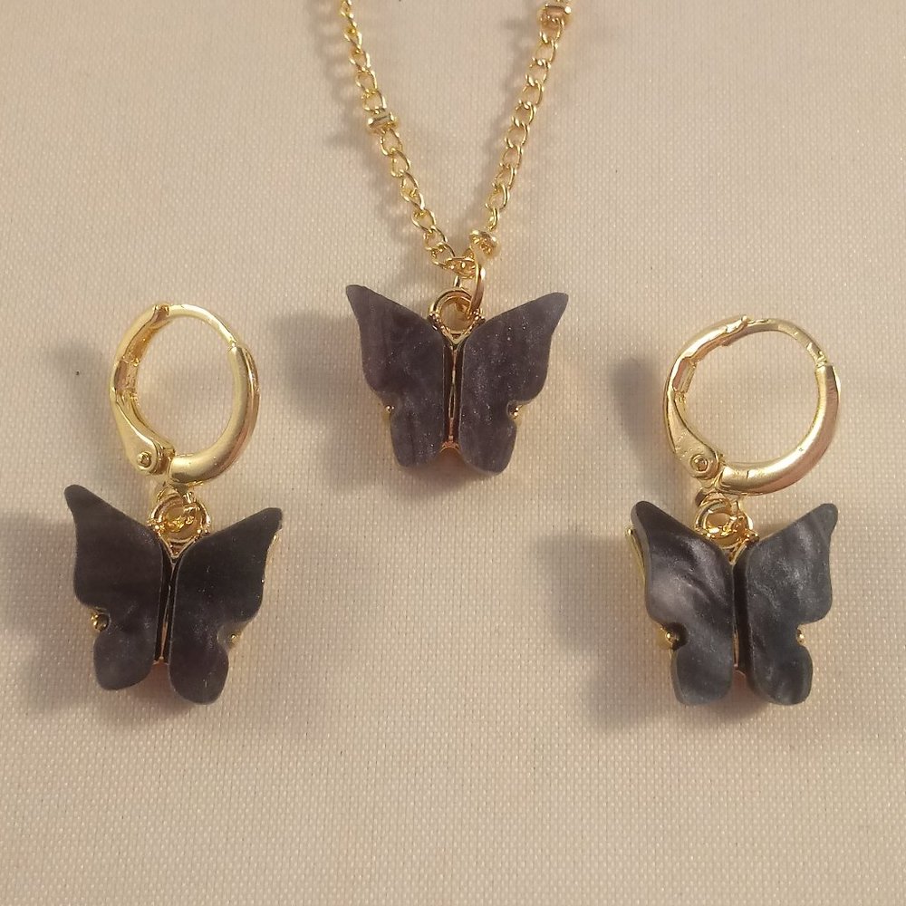Gold Plated Black Opal Resin Butterfly Earrings Pendant Necklace Set 18" Gift